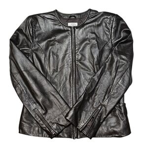Ann Taylor LOFT 100% Genuine Leather Collarless Biker Jacket Size M Brown Zip Up
